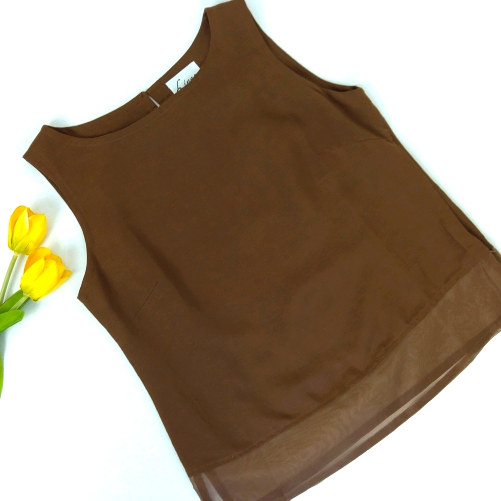 Linea By Luis Dell'Olio Brown Linen Blend Sleeveless Dressy Tank Top Womens S